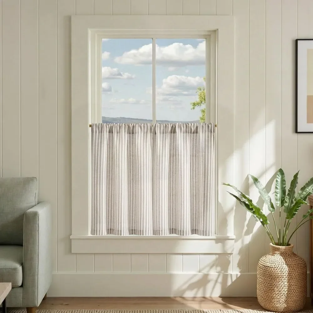 Light Gray Striped Cafe Curtain - Neutral Window Tier